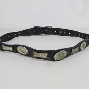 Vintage silver + gold concha tooled leather western belt 38